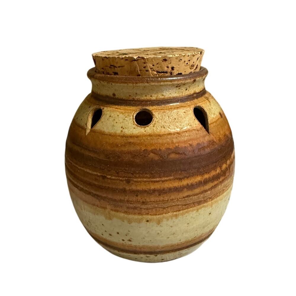 Handmade Brown Stripe Ceramic Garlic Jar Keeper with Large Cork Top 4.5" x 4"